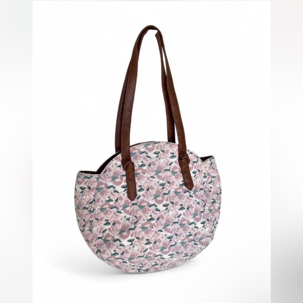 Floral Round Tote Bag with Brown Straps